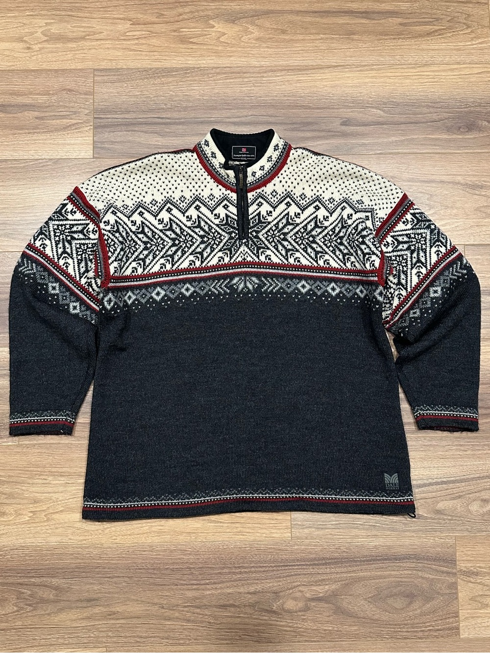 Dale of Norway Quarter Zip Wool Pullover Sweater in Gray/Cream/Red Size XXL